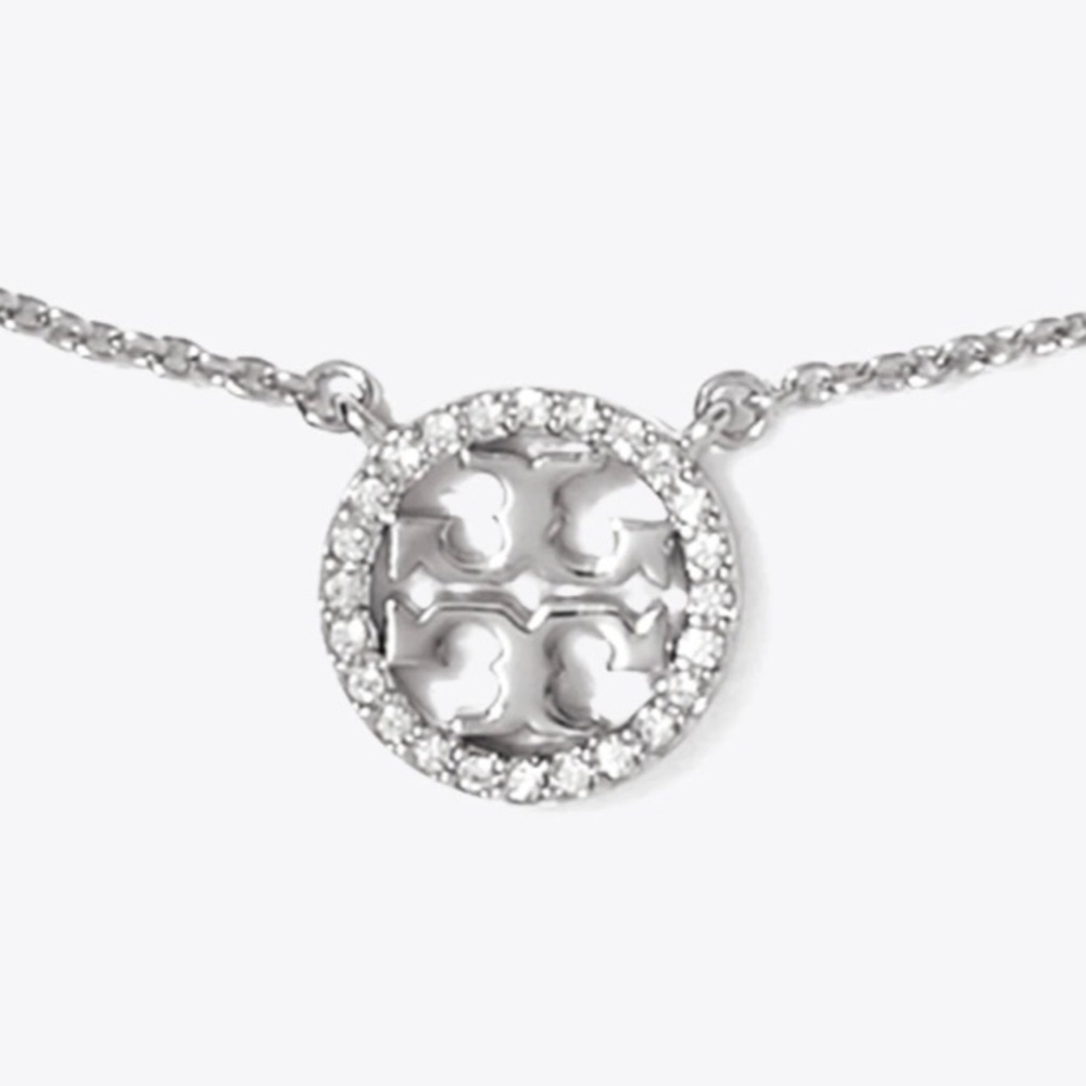 Tory Burch Silver Necklace with Gemstone Logo Pendant - Picture 4 of 8